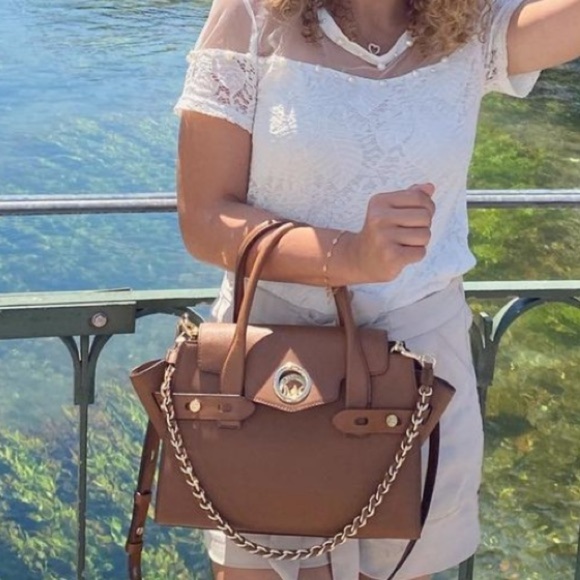 Michael Kors Carmen belted saffiano leather satchel crossbody luggage brown - Picture 5 of 11